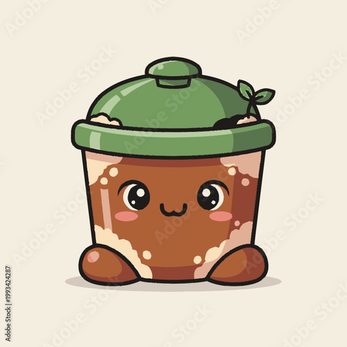 Cute Kawaii Coffee Cup Character with Green Lid.