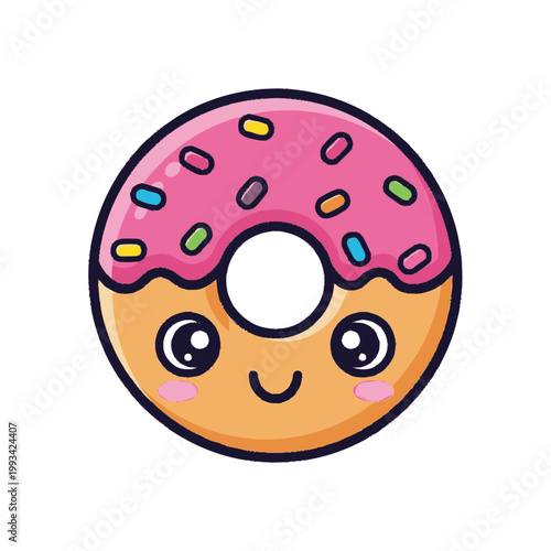 Cute Kawaii Donut Character with Pink Frosting and Sprinkles.