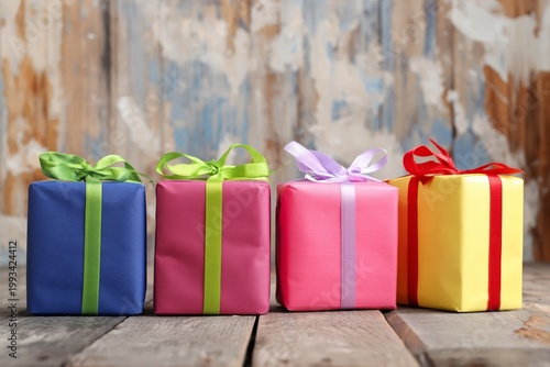 Colorful Gift Boxes Arranged on a Wooden Surface With a Rustic Background