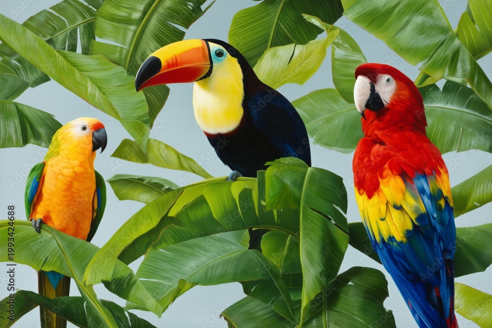 Fototapeta premium Colorful Parrots and Toucan Gathered on Green Leaves in a Tropical Setting During Daytime