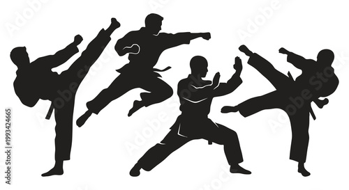 Four martial artists demonstrating dynamic kicks and punches silhouette