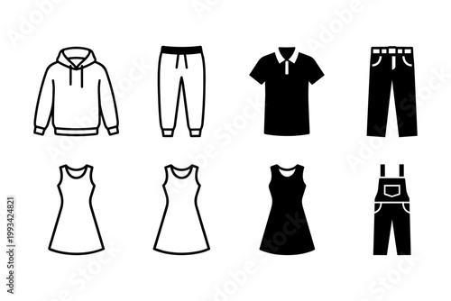 Clothing icon set for men and women, casual apparel vector collection with hoodie, pants, dress, and overalls