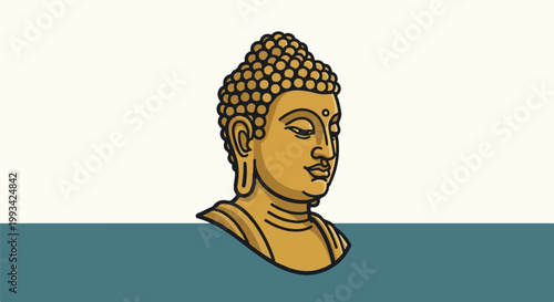 Stylized golden Buddha head with serene expression on a white and blue background
