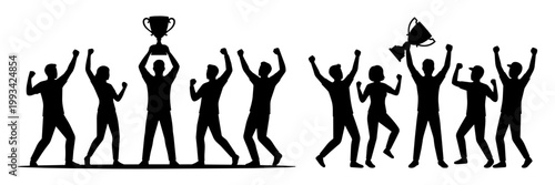 Silhouette of a winning team celebrating with a trophy, crowd of people cheering for a victory and success