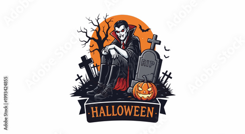 Spooky vampire relaxes in a cemetery at dusk with a carved pumpkin and bats