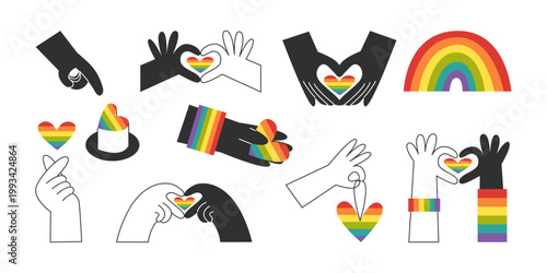 Diverse lgbt pride hands set. Love gestures and queer symbols. Interracial queer and heterosexual friendship. Gay romance elements in rainbow flag colors.