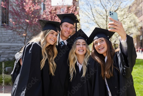 Friends Celebrate Graduation in a Sunny Park While Taking a Selfie Together