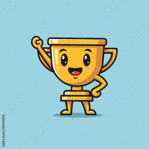 Happy Golden Trophy Character Celebrating Victory.