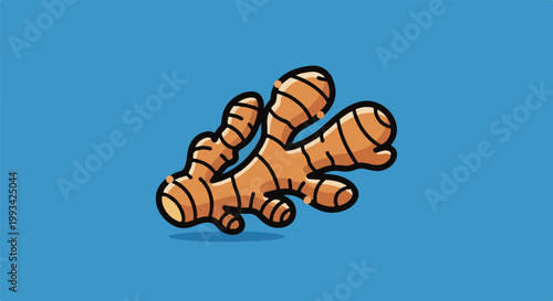 Stylized illustration of a ginger root on a vibrant blue background