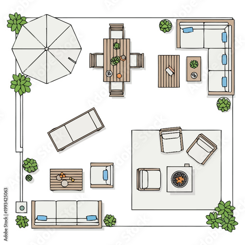 Aerial view of a furnished outdoor patio space showcasing a comfortable seating arrangement with a dining table lounge chairs sofa and umbrella ideal for relaxation and entertaining guests in a
