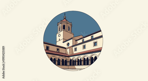 Stylized illustration of a historic building courtyard with a bell tower and arcades