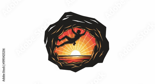 Silhouette of a climber ascending a cave wall during a vibrant sunset over the ocean