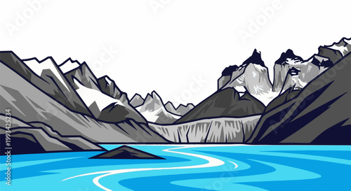 Stylized depiction of rugged, snow-capped mountains towering over a serene, blue lake with a winding white reflection