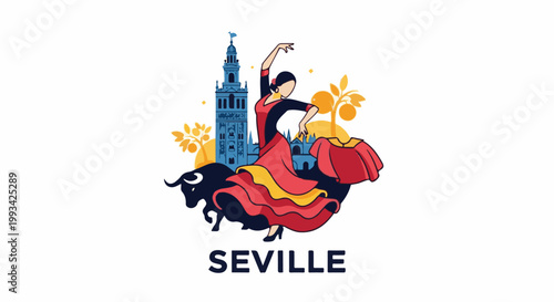 Stylized depiction of Seville's iconic imagery bull, flamenco dancer, Giralda tower, and orange trees