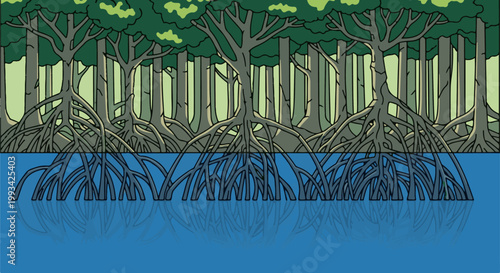 Stylized depiction of mangrove roots emerging from blue water into a forest canopy