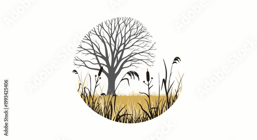 Silhouette of a bare tree and reeds within a circular frame, set against a golden grassland