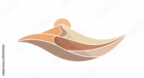 Stylized desert dunes under a setting sun, abstract and flowing curves in warm earth tones