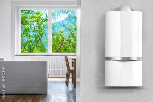 Modern Kitchen With White Refrigerator and View of Nature Through the Window
