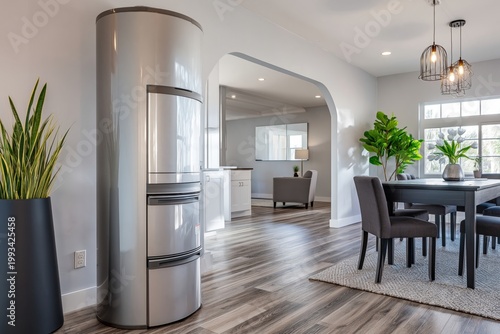 Modern Kitchen Interior With Dining Area and Stainless Steel Refrigerator