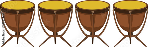 Simple illustration of four timpani drums arranged in a horizontal line with identical design flat minimalist vector style