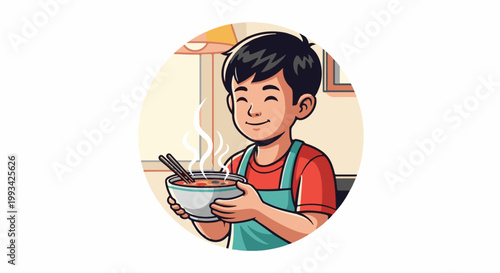 Smiling boy in apron enjoys a steaming bowl of soup with chopsticks