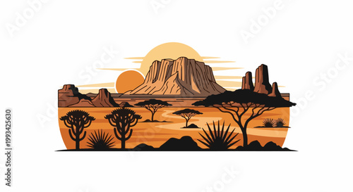 Stylized desert landscape at sunset with mesas and sparse vegetation