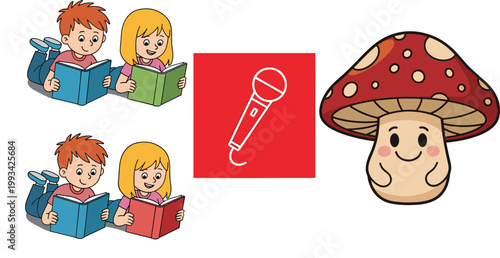 Cartoon kids reading books, microphone icon and cute mushroom character illustration set, education, music and nature themed vector collection design