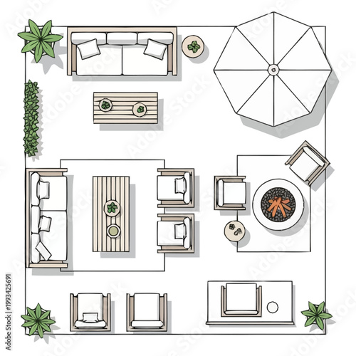 Top down view of a large outdoor living space with comfortable seating multiple tables a large umbrella and a fire pit perfect for gatherings and relaxation creating a functional patio layout