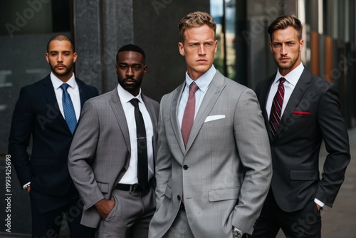 Group of Four Men Dressed in Suits Standing Outside an Office Building in the...