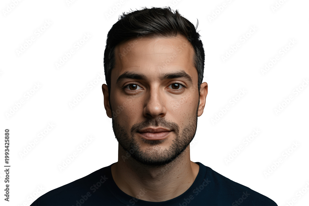 Fototapeta premium Young attractive man portrait looking at camera with neutral expression, isolated with transparent background