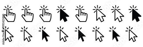 Cursor pointer icon collection, arrow and hand click symbols for web navigation and interaction, mouse cursor icons, simple modern vector design for digital interfaces.