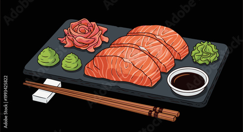 Slices of fresh salmon, pickled ginger, wasabi, soy sauce, and chopsticks on a dark platter