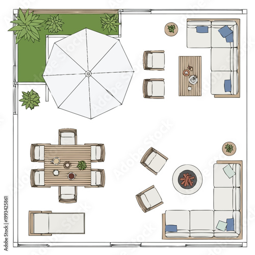 Birdseye view of a furnished patio area featuring an outdoor dining set sectional seating arrangement fire pit gathering space and landscaping elements suggesting a relaxed residential exterior