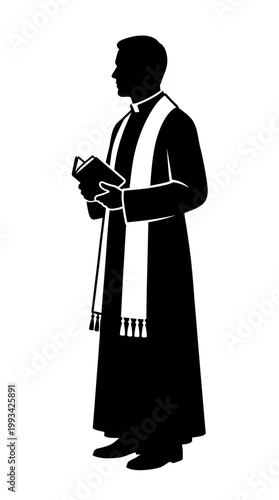 Silhouette of a clergyman holding a bible, symbolizing faith and spirituality