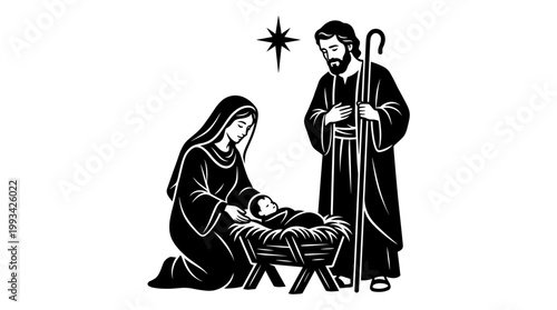 A religious depiction of the holy family with Joseph, Mary and baby Jesus. A symbolic illustration of the nativity scene, showcasing a holy moment