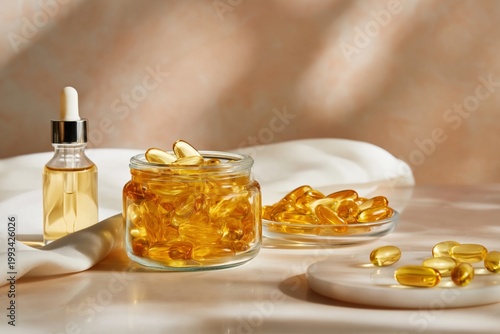 Wellness Products on a Soft Surface With Capsules and Oil for Health Support