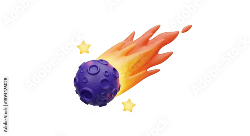 Vector illustration of 3d render of a purple cratered meteor with a fiery tail on a transparent background