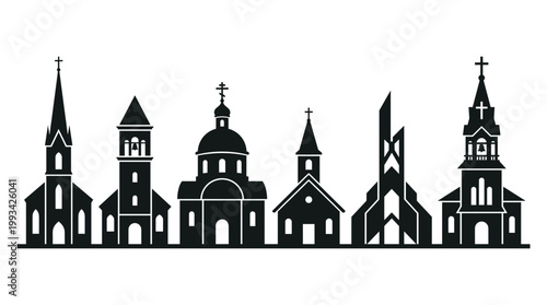 Silhouette of various church buildings with different architectural styles. This illustration depicts several church structures, each with unique features, suggesting a diverse collection