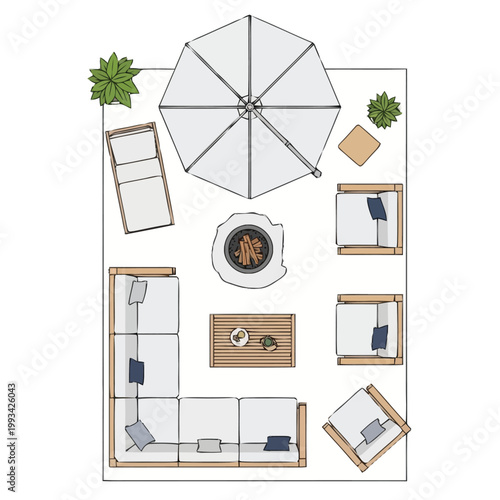 Aerial view of a cozy outdoor seating arrangement featuring a sectional sofa armchairs a coffee table umbrella and a firepit perfect for patio or garden design planning and visualization