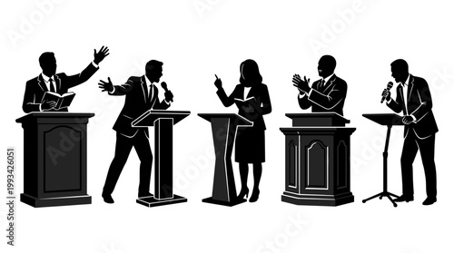 Five figures engaged in a debate, speaking passionately at their podiums. They are silhouetted against a plain background, creating a strong contrast