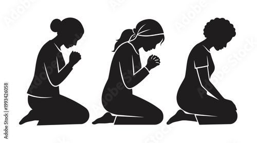 Three silhouette figures are kneeling down while praying. The figures are female