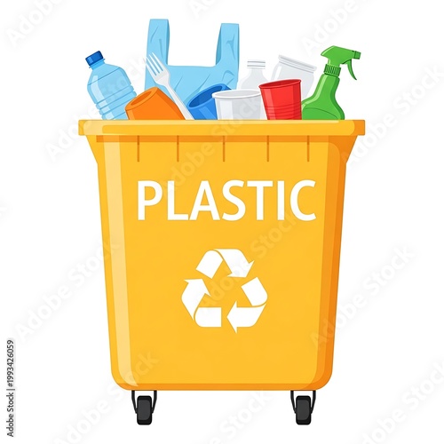 Plastic waste recycling bin with various items isolated on white background