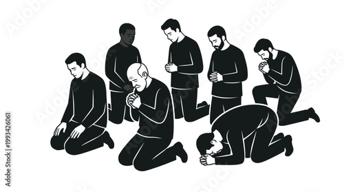 Seven people in kneeling position, expressing devotion through prayer. The scene captures a moment of reverence and spiritual reflection