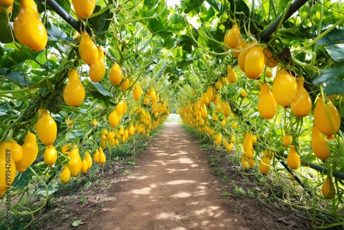 Pathway Lined With Yellow Squash in a Farm Garden During Daylight Hours