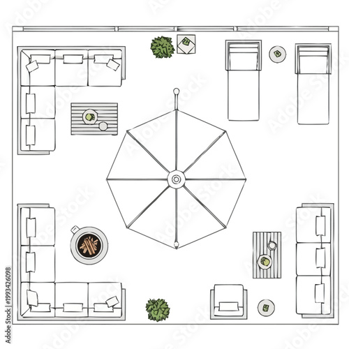Aerial overhead view of a meticulously planned outdoor living space arrangement featuring comfortable seating a central umbrella canopy lounging chairs natural greenery elements and a fire pit