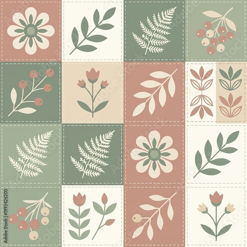 Delicate floral tapestry: a harmonious patchwork of botanical motifs, conveying a sense of handmade craft and natural beauty, evoking feelings of serenity and artistic appreciation.