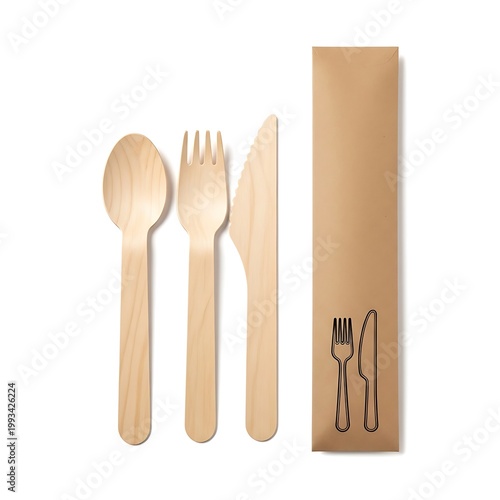 Set of wooden cutlery with a cardboard case on white background