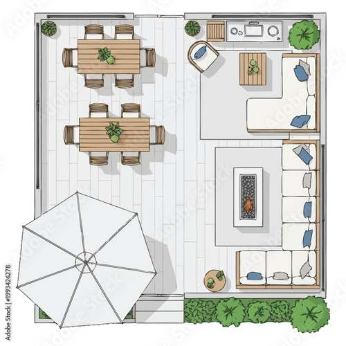 Aerial view of an outdoor living space plan featuring two dining areas ample seating with a fire pit and a large umbrella providing shade for a sophisticated and functional patio design concept