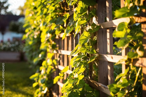 Sunlight Shines on Green Vines Growing Along a Wooden Trellis in a Garden