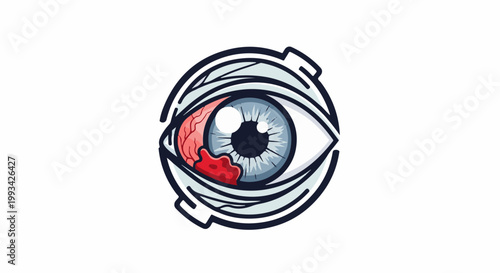 Stylized cartoon of a damaged, bandaged eyeball with a bloodshot tear duct